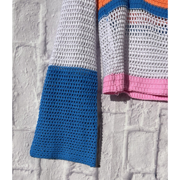 Neon Loose Crocheted Cropped Sweater Multi Color Bell Sleeve Square Neckline S - Picture 3 of 6